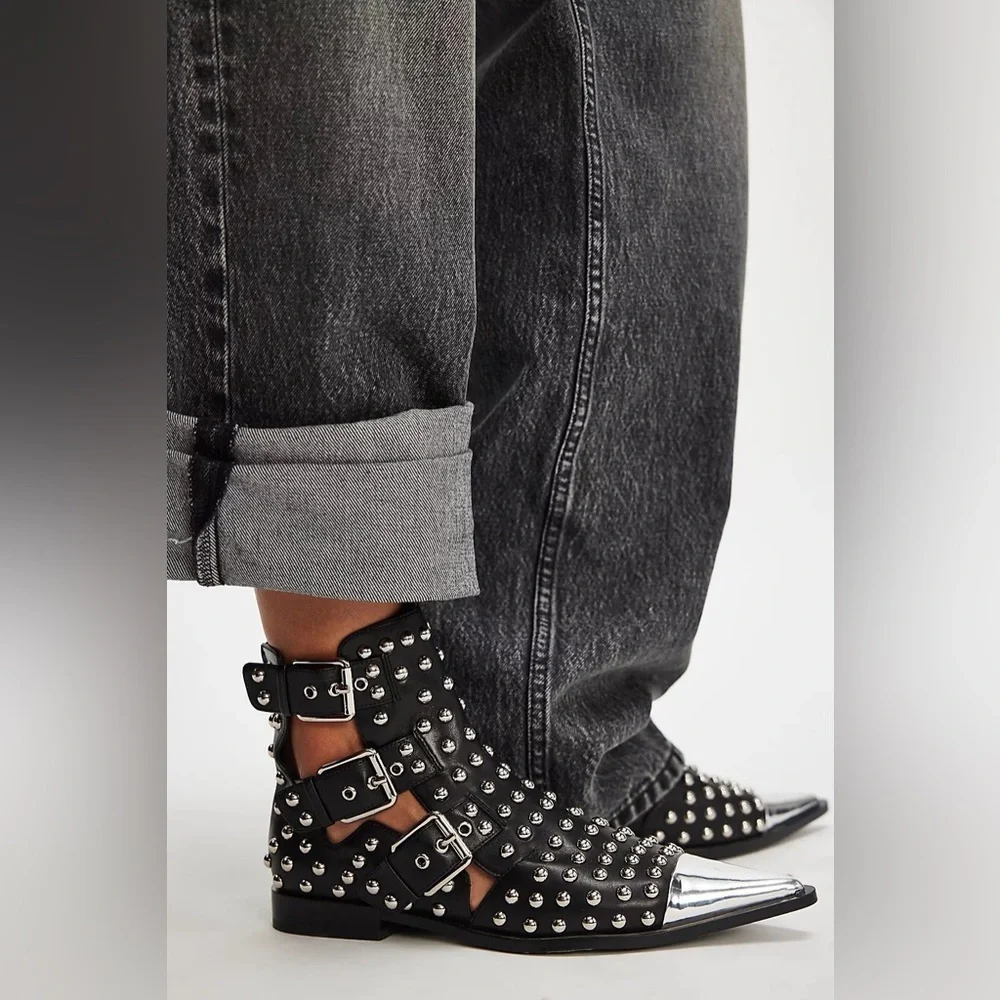 Jeffrey Campbell Kait Studded Ankle Boot Cutout Buckle White 7 NEW